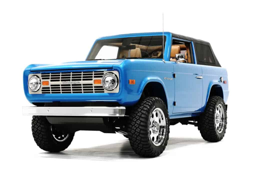 Vintage modern off-road vehicle in bright blue with rugged tires and classic design elements, perfect for showcasing retro-inspired adventure cars.
