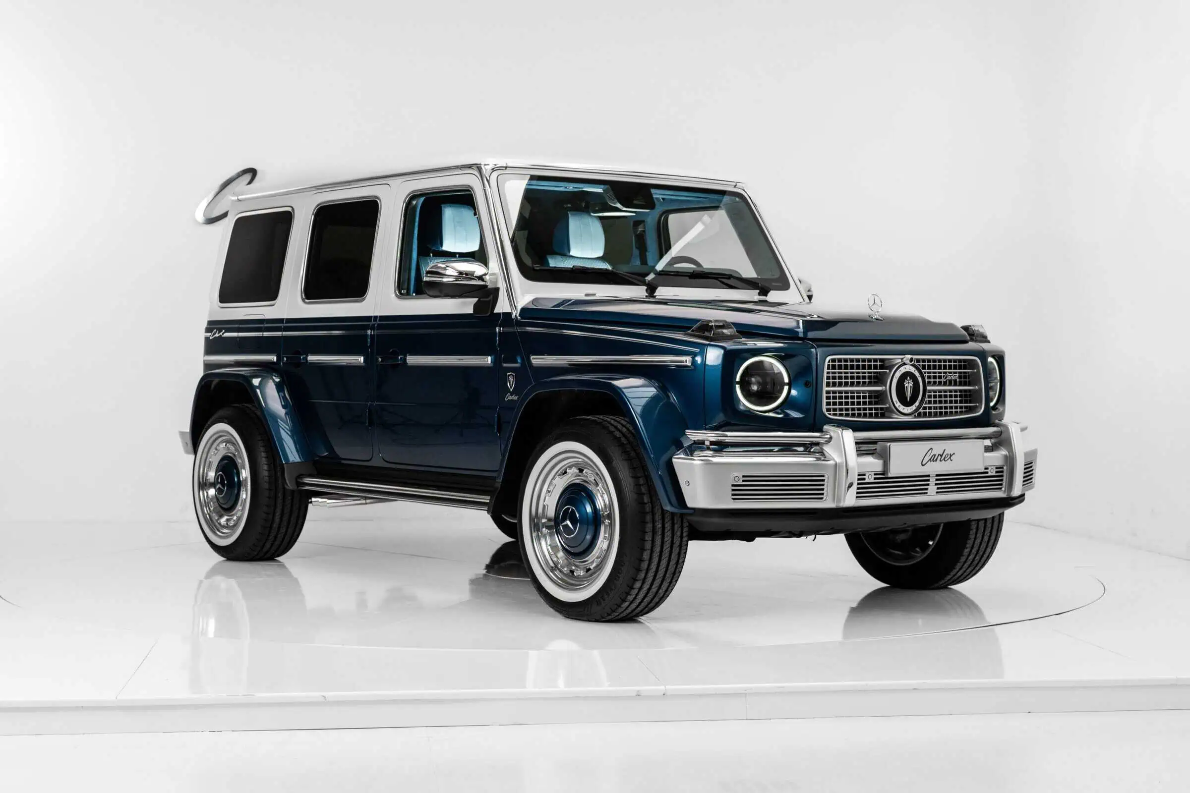 High-quality image of a vintage Mercedes-Benz G-Class SUV in blue with silver accents, showcasing timeless luxury, rugged off-road capability, and iconic design elements for vintage modern car enthusiasts.