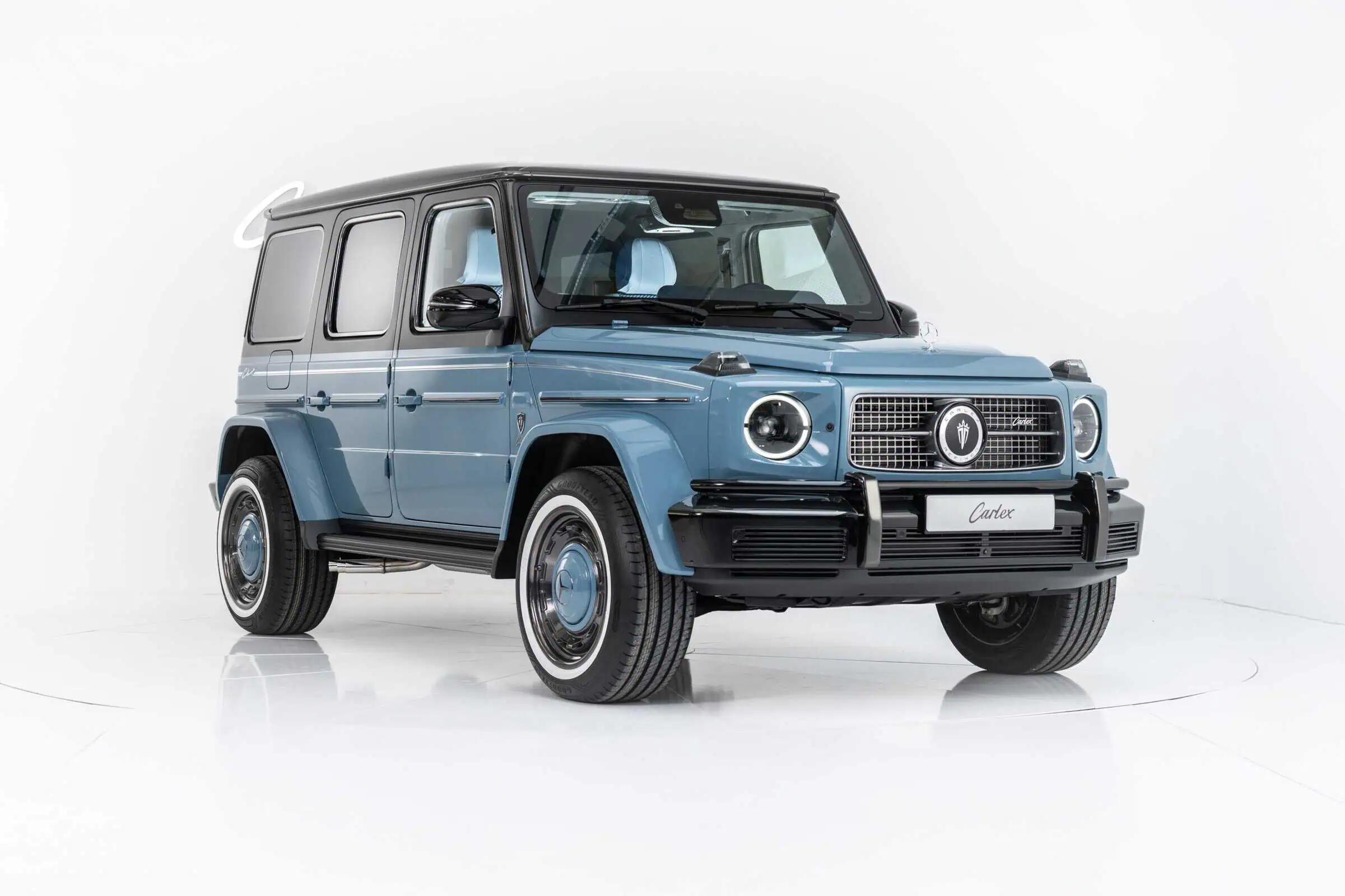 Classic vintage modern car with retro design and contemporary features, blue color, showcased in a clean studio setting.