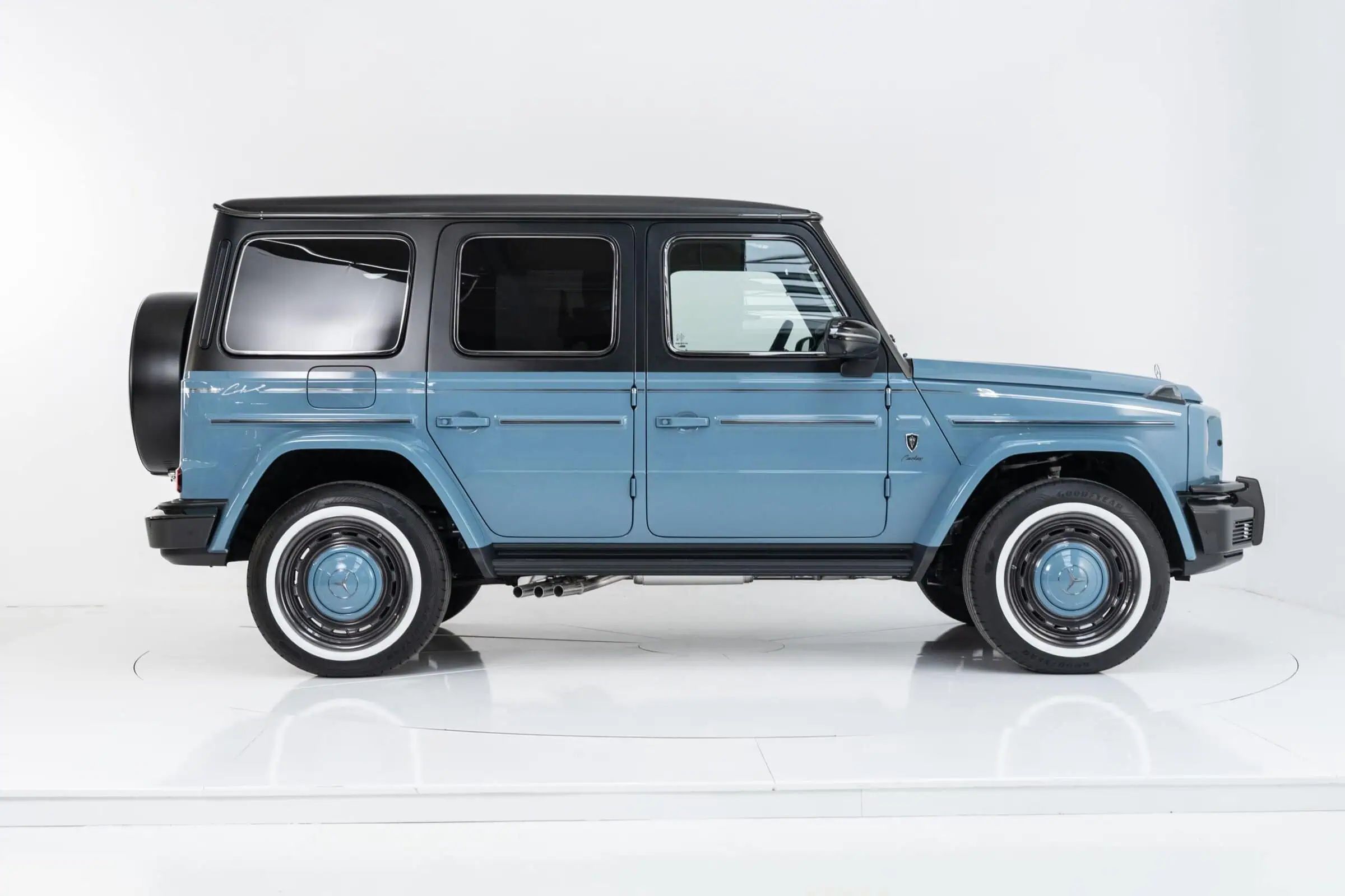 Stylish vintage Mercedes-Benz G-Class SUV with modern design, parked in a white gallery space, emphasizing luxury, vintage appeal, and high-end automotive style for interior and exterior decor.
