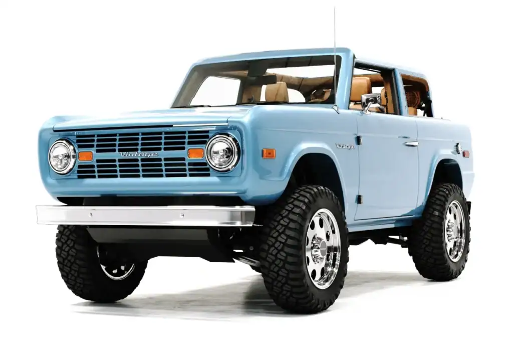 Classic vintage off-road vehicle with a light blue exterior, rugged tires, and a retro design, perfect for outdoor adventures and stylish urban excursions.